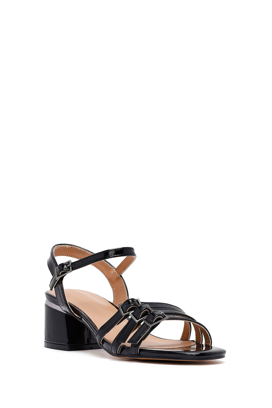 Women's Black Ankle Buckle Thick Patent Leather Heeled Sandals