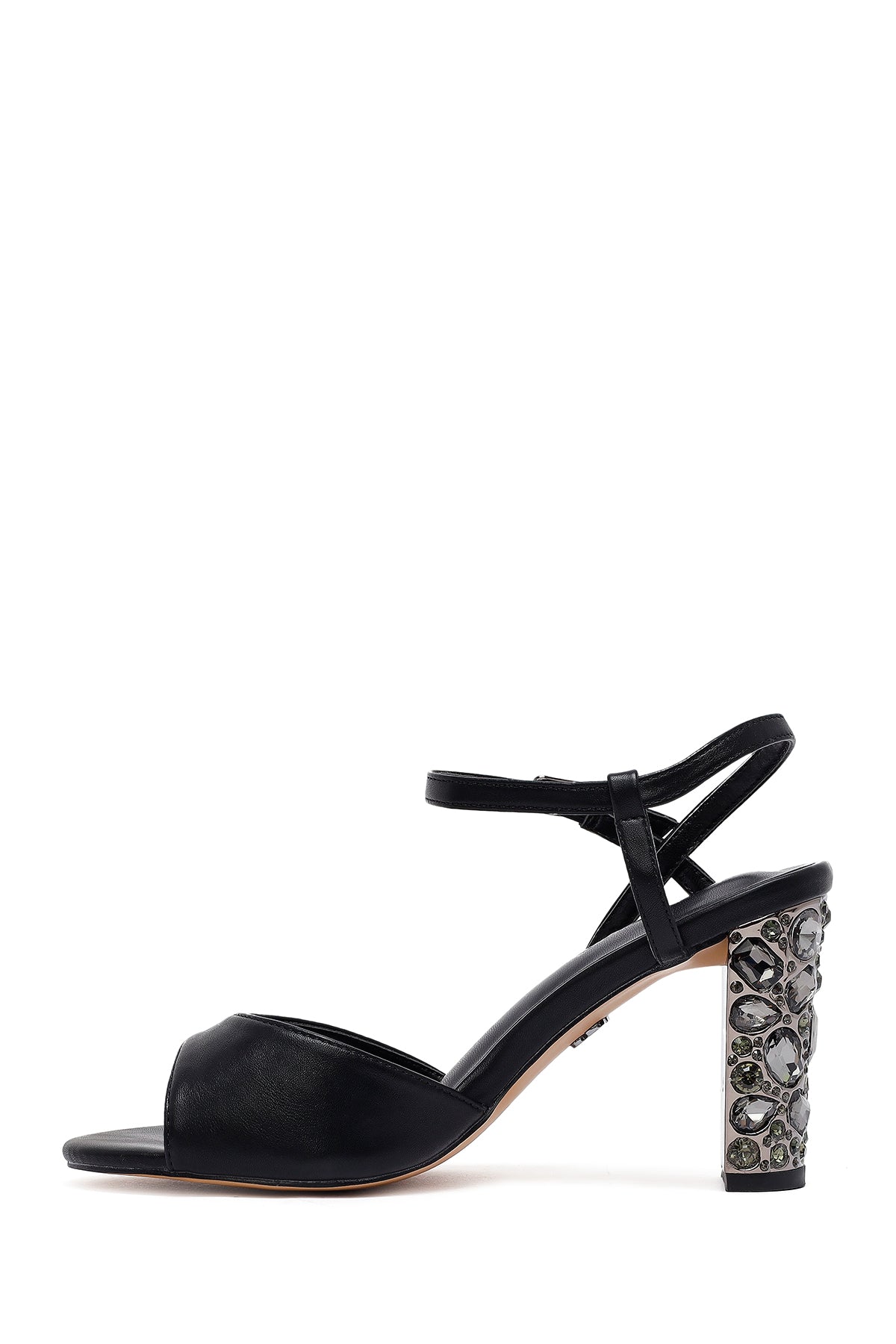Kadın Siyah Bilekten Tokalı Metalik Kalın Topuklu Sandalet