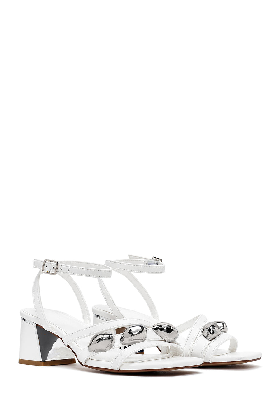 Women's White Ankle Buckle Low Heel Sandals