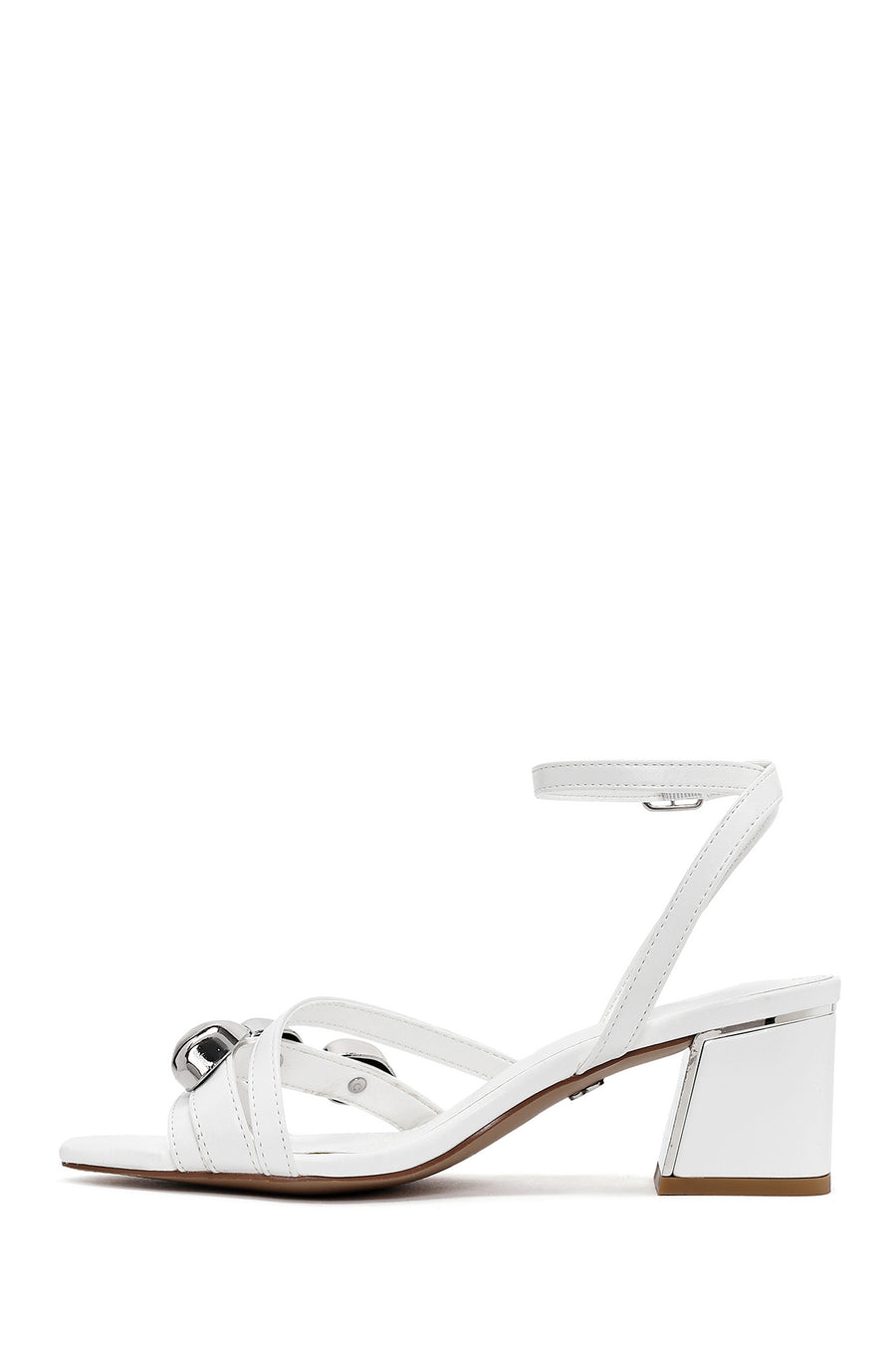 Women's White Ankle Buckle Low Heel Sandals