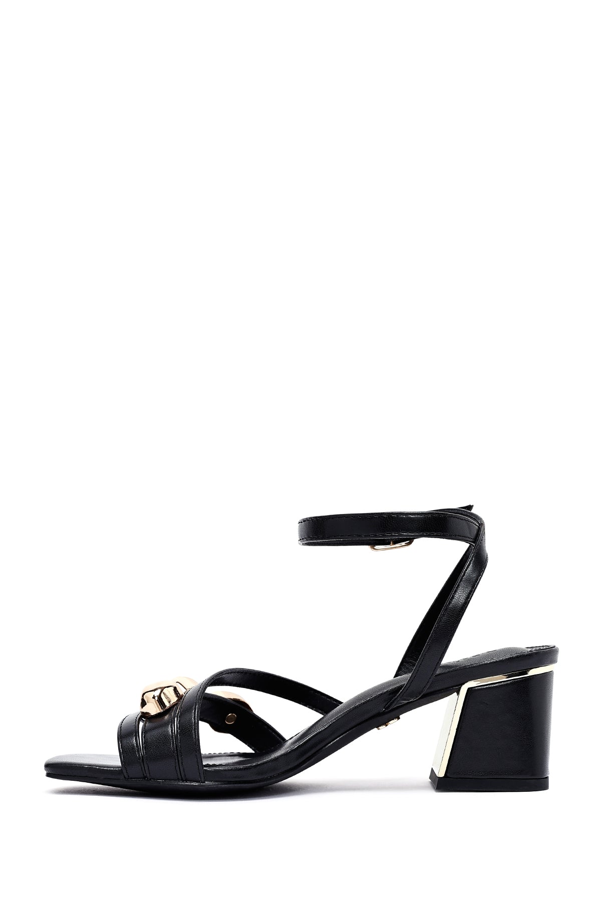 Kadın Siyah Bilekten Tokalı Kısa Kalın Topuklu Sandalet