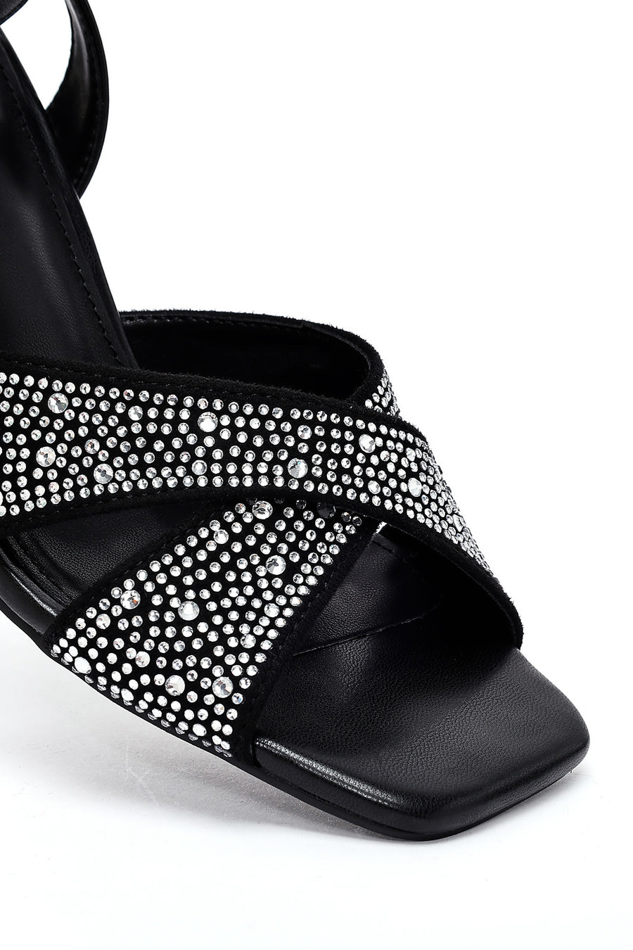 Women's Black Ankle Buckle Stoned Thin Heel Sandals