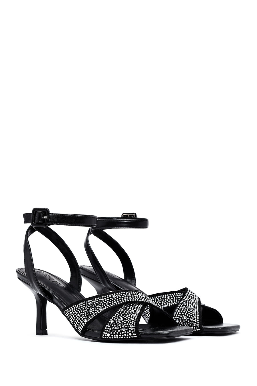 Women's Black Ankle Buckle Stoned Thin Heel Sandals