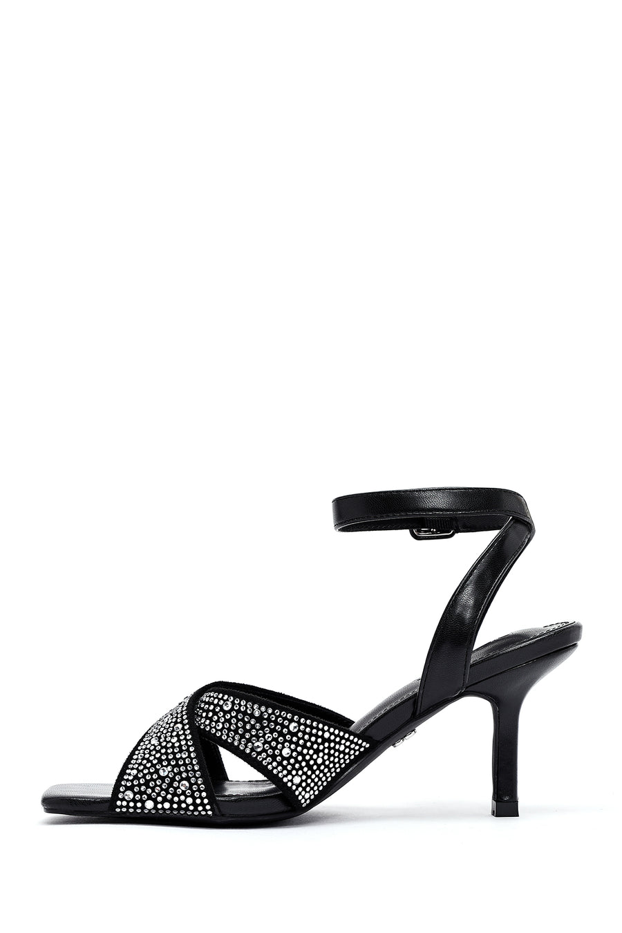 Women's Black Ankle Buckle Stoned Thin Heel Sandals