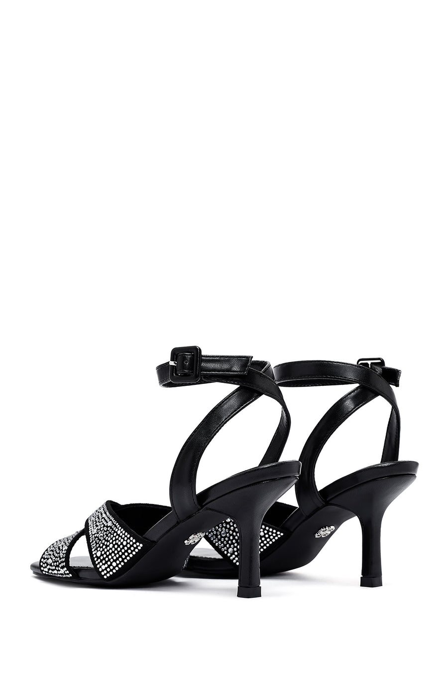 Women's Black Ankle Buckle Stoned Thin Heel Sandals