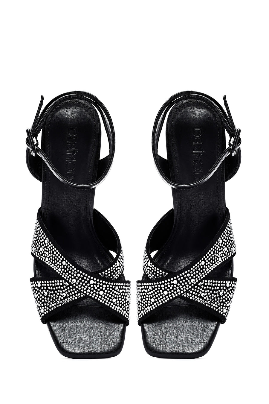 Women's Black Ankle Buckle Stoned Thin Heel Sandals