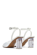Kadın Beyaz Bilekten Tokalı Taşlı Şeffaf Kalın Topuklu Sandalet | Derimod