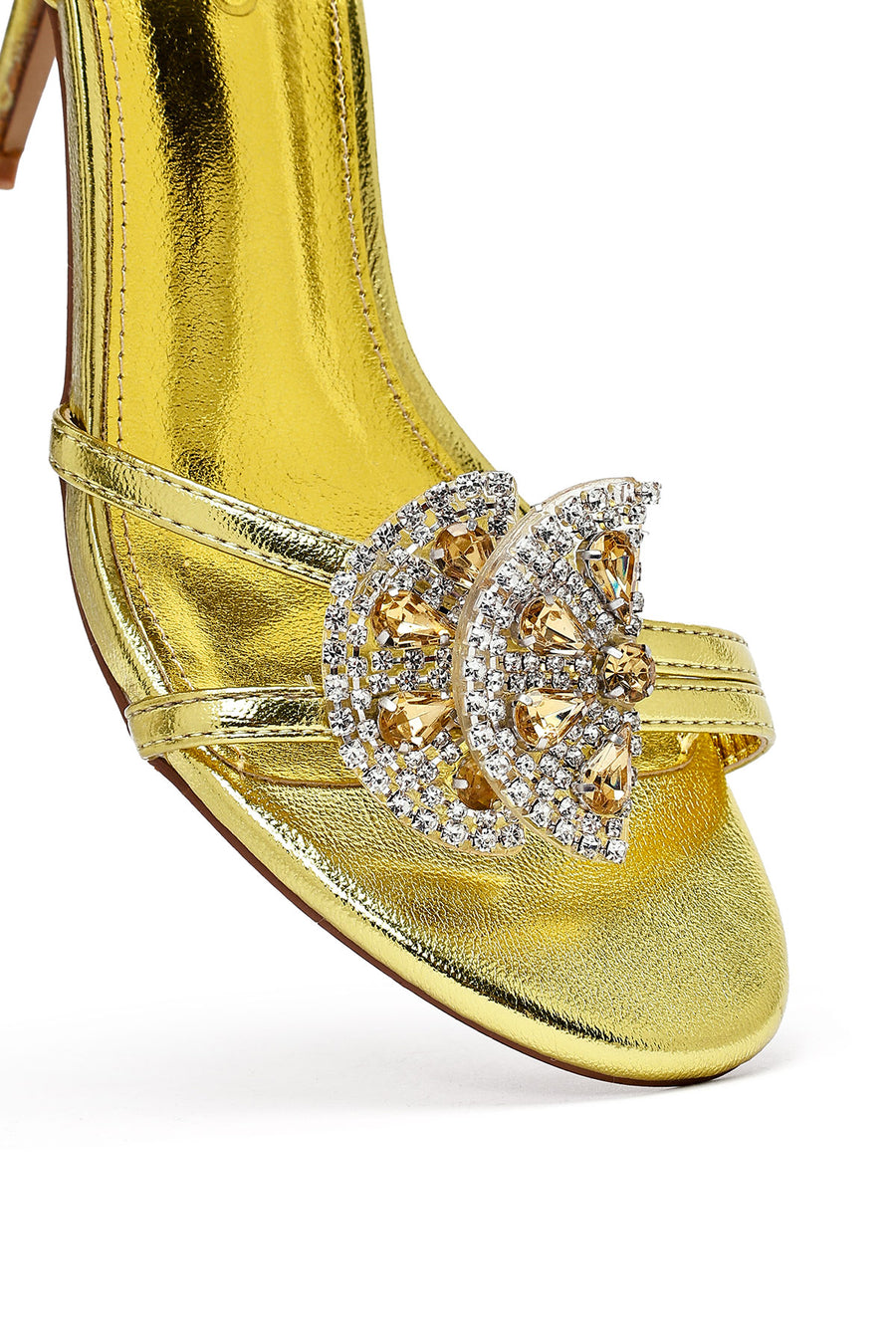 Women's Yellow Ankle Buckle Stoned Thin Heel Sandals