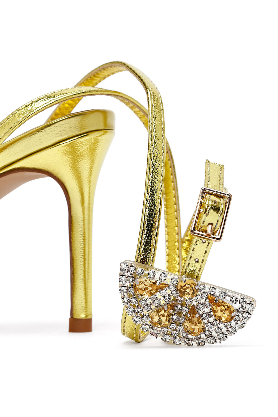 Women's Yellow Ankle Buckle Stoned Thin Heel Sandals
