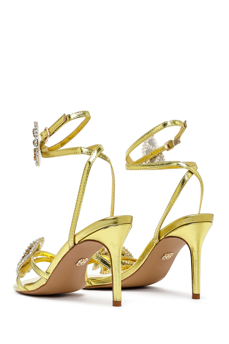 Women's Yellow Ankle Buckle Stoned Thin Heel Sandals