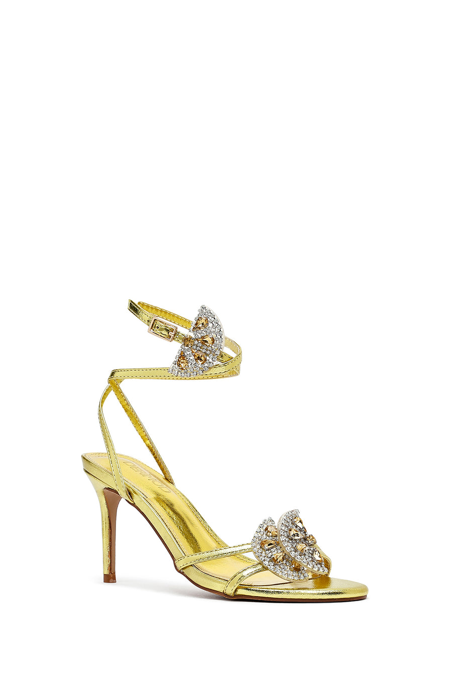 Women's Yellow Ankle Buckle Stoned Thin Heel Sandals