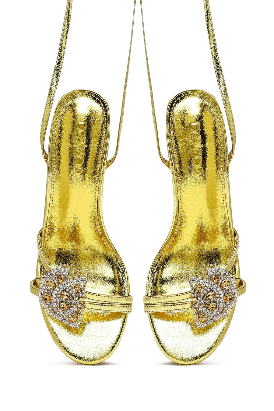 Women's Yellow Ankle Buckle Stoned Thin Heel Sandals
