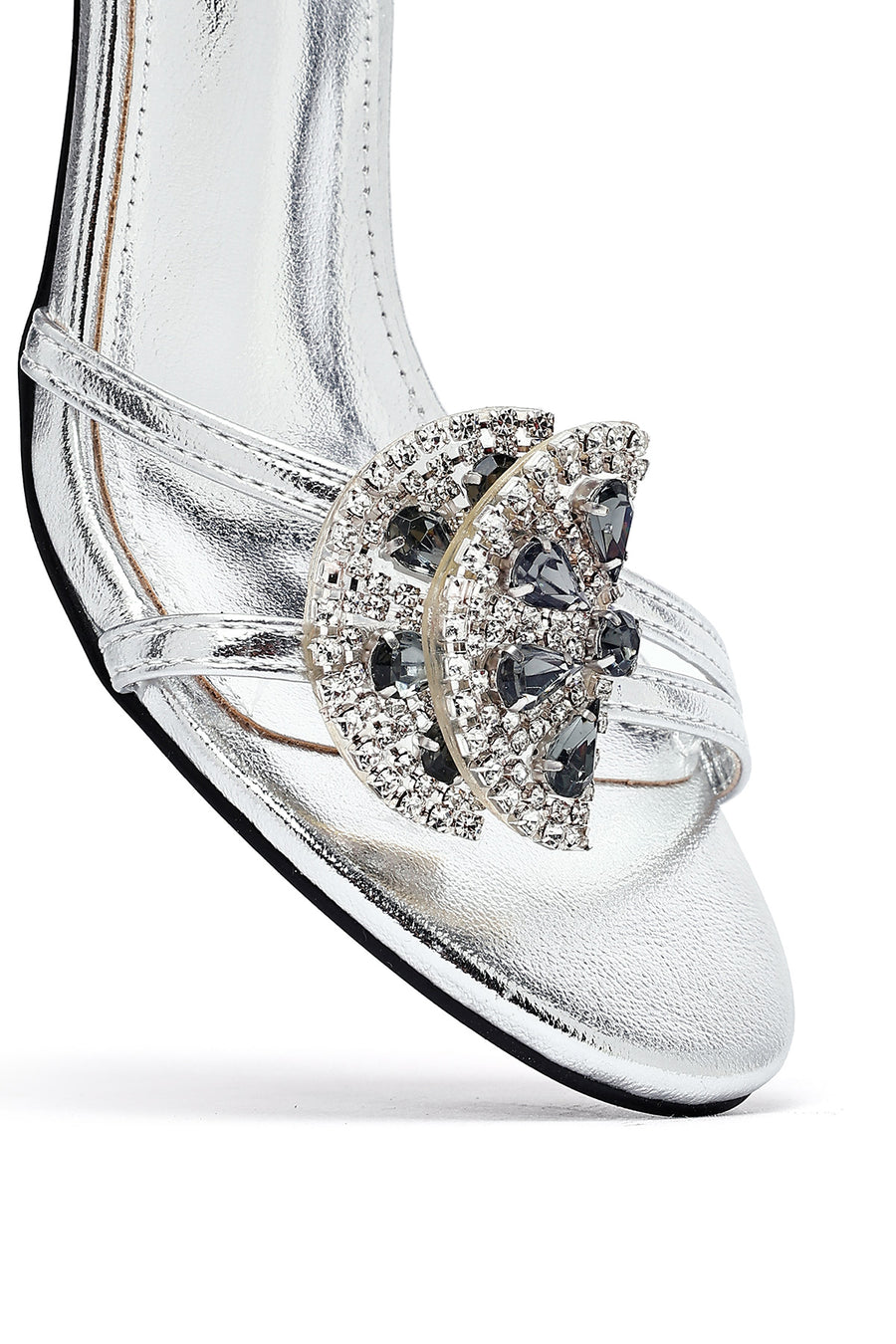 Women's Silver Ankle Buckle Stoned Thin Heel Sandals