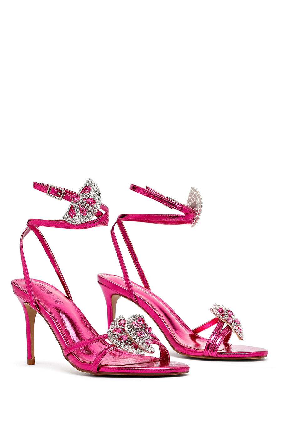 Women's Pink Ankle Buckle Stoned Thin Heel Sandals