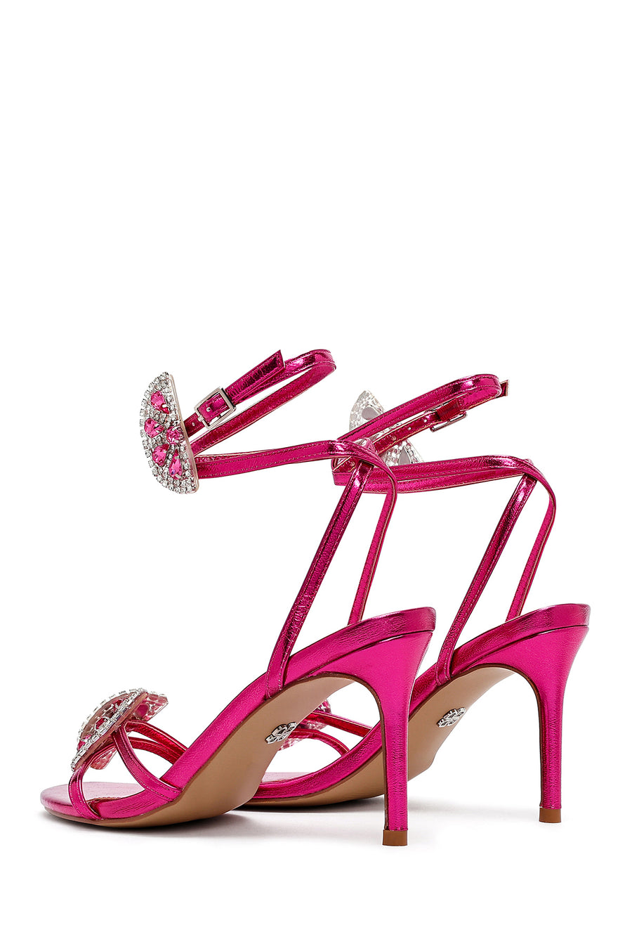 Women's Pink Ankle Buckle Stoned Thin Heel Sandals