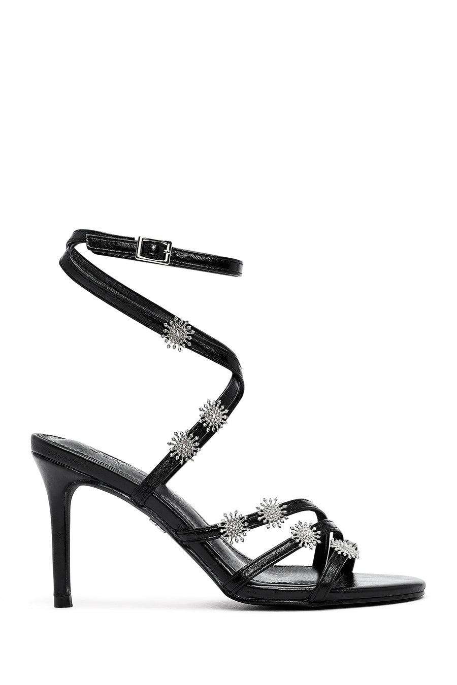 Women's Black Ankle Buckle Stone-Embellished Metallic Thin Heel Sandals 25SFE482032 | Derimod