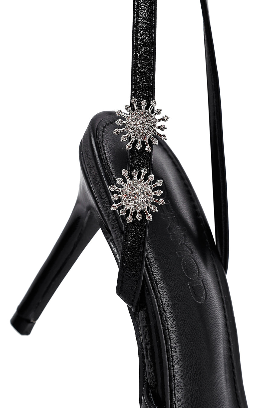 Women's Black Ankle Buckle Stone-Embellished Metallic Thin Heel Sandals