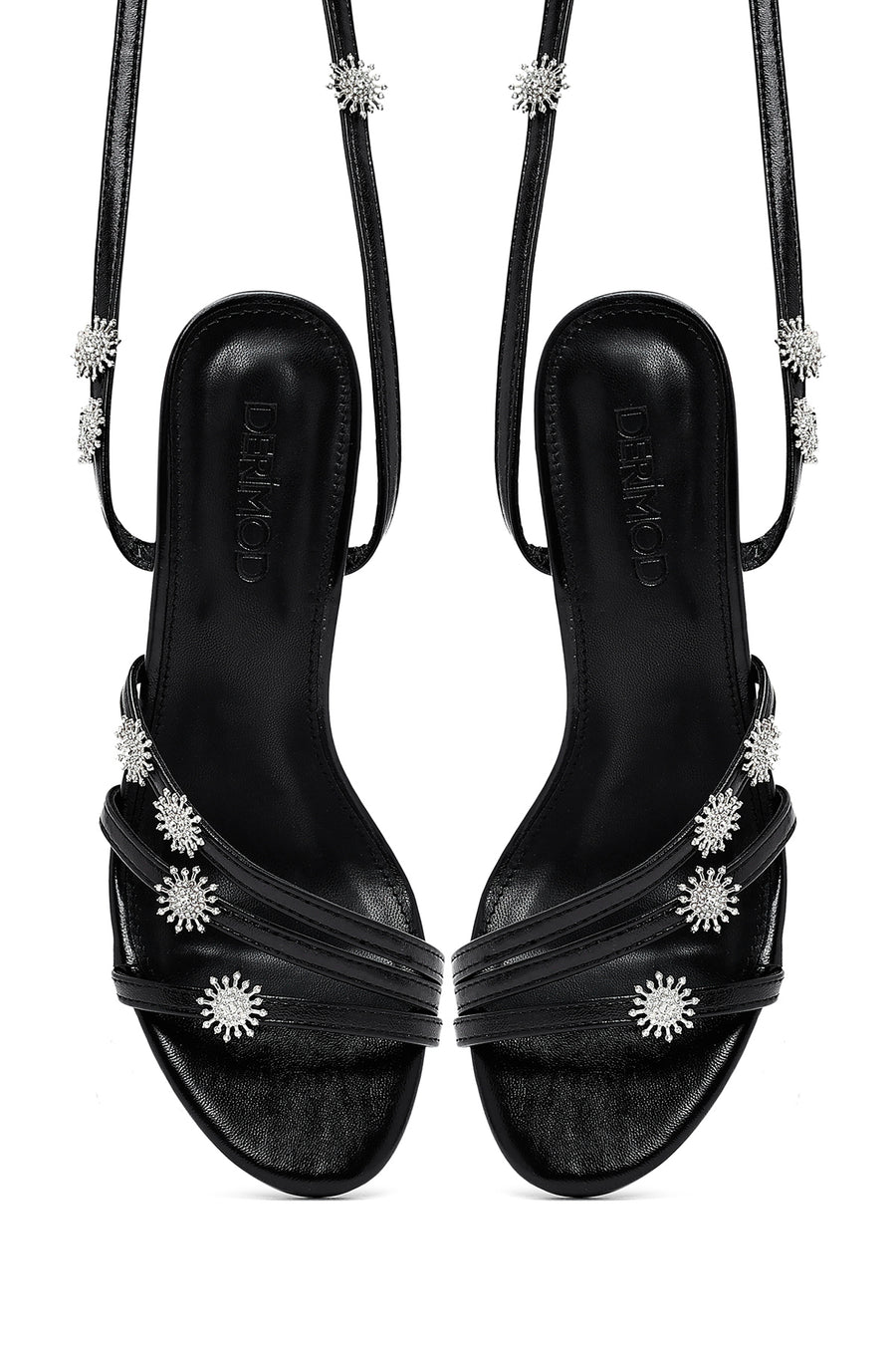 Women's Black Ankle Buckle Stone-Embellished Metallic Thin Heel Sandals