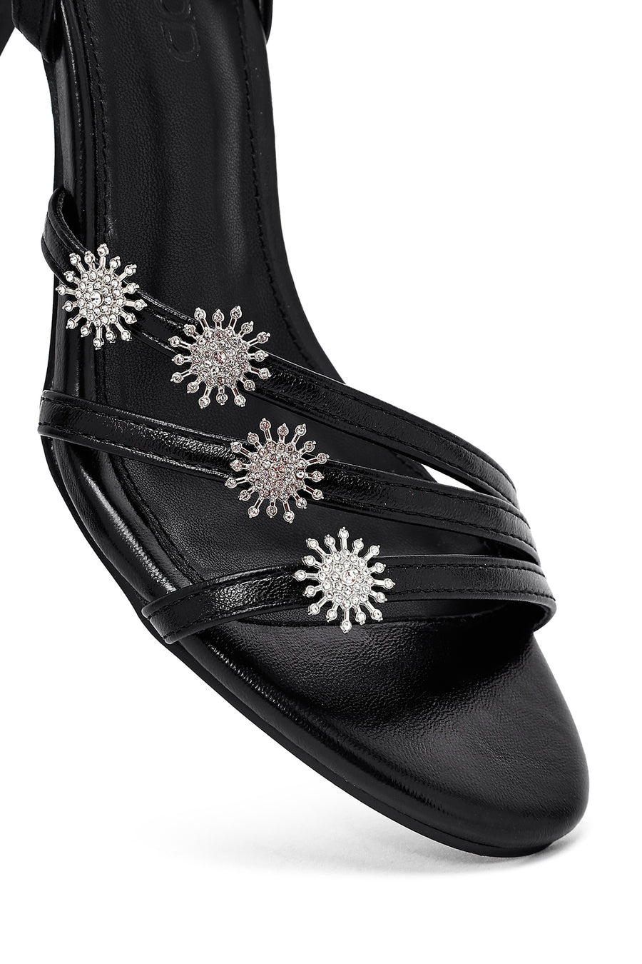 Women's Black Ankle Buckle Stone-Embellished Metallic Thin Heel Sandals