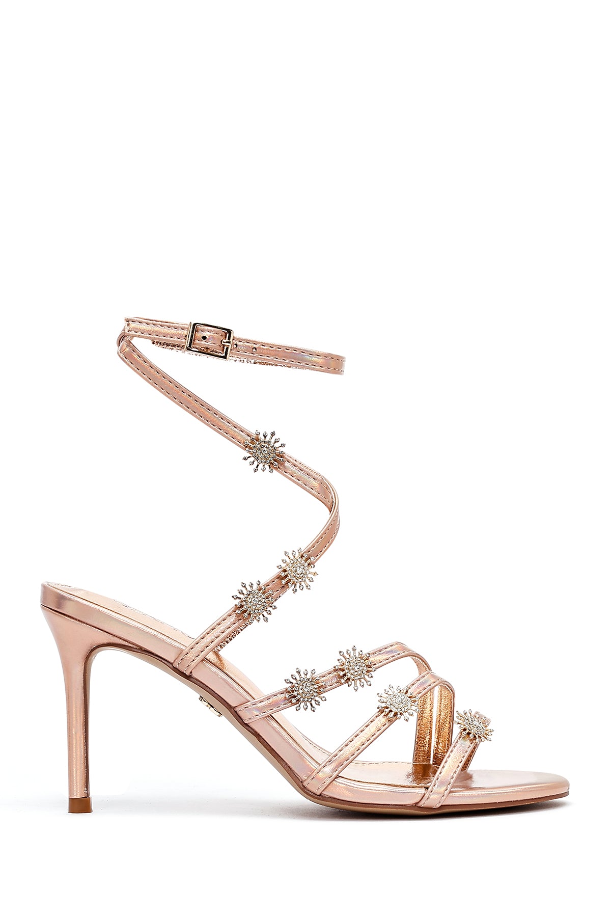 Kadın Pembe Bilekten Tokalı Taşlı Metalik İnce Topuklu Sandalet 25SFE482032 | Derimod