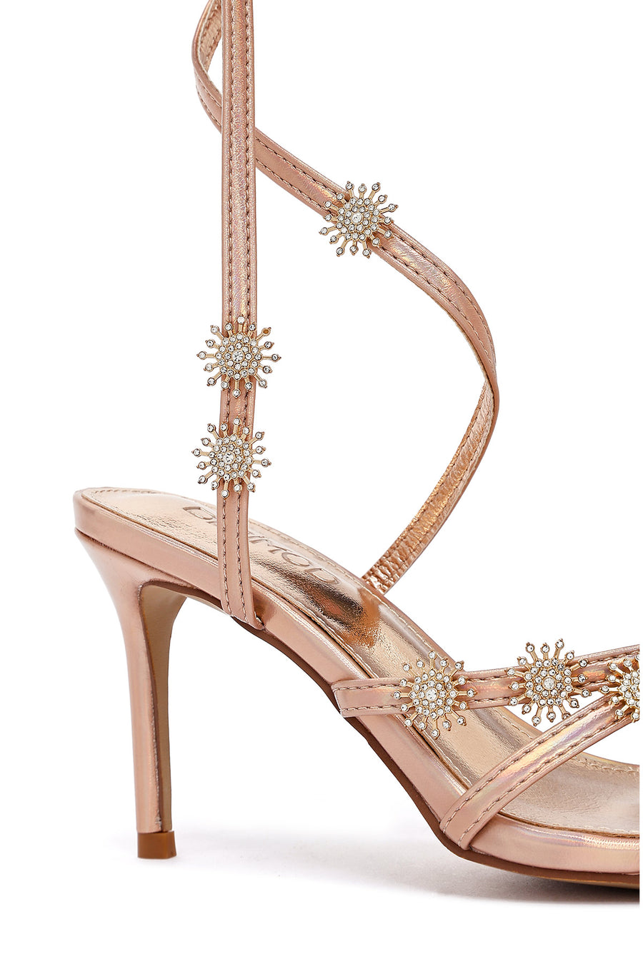 Women's Pink Ankle Buckle Stoned Metallic Thin Heel Sandals