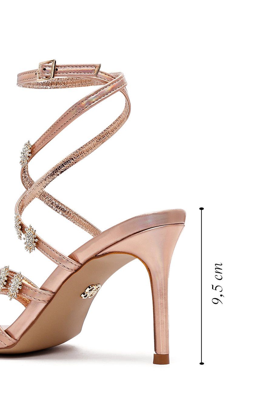 Women's Pink Ankle Buckle Stoned Metallic Thin Heel Sandals