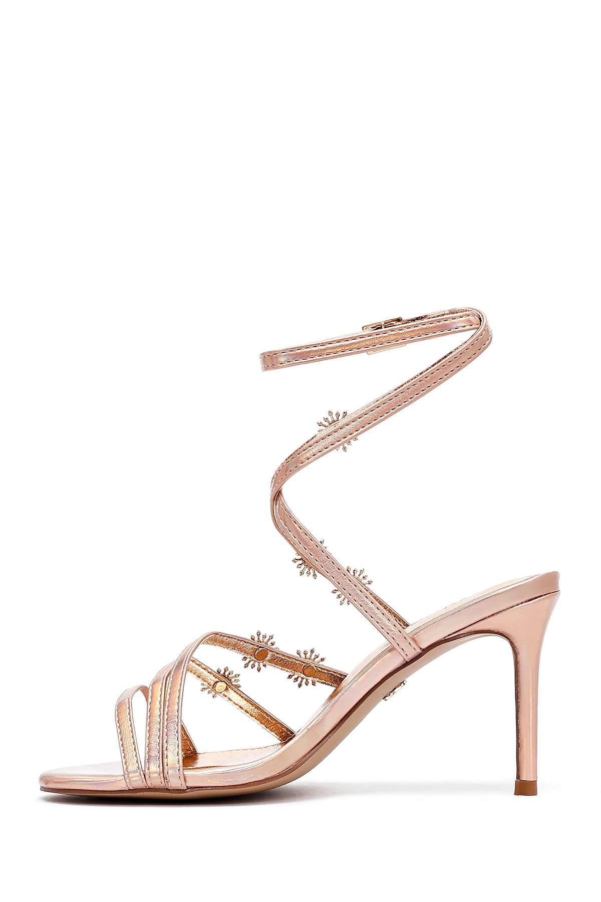 Kadın Pembe Bilekten Tokalı Taşlı Metalik İnce Topuklu Sandalet