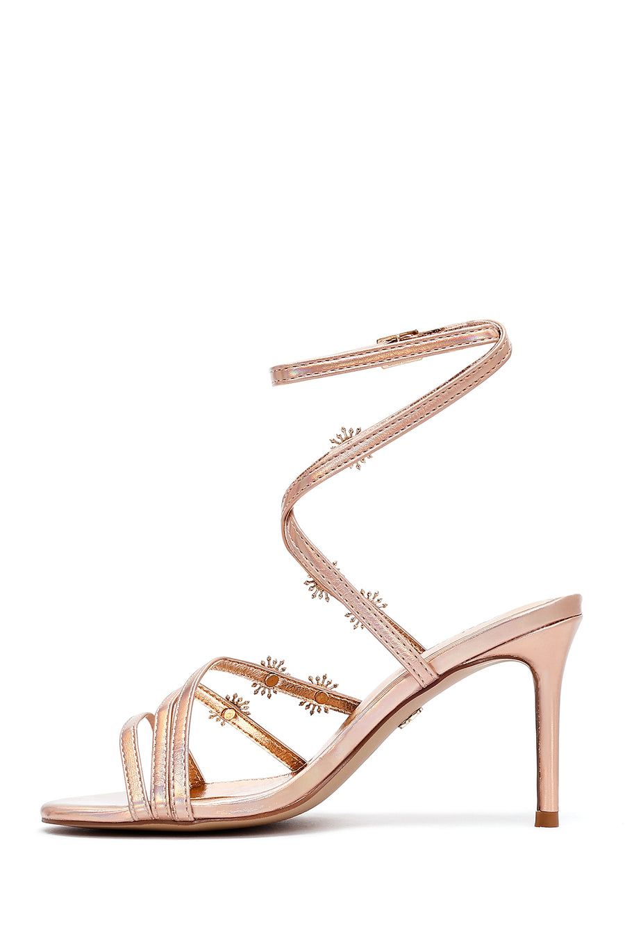 Women's Pink Ankle Buckle Stoned Metallic Thin Heel Sandals
