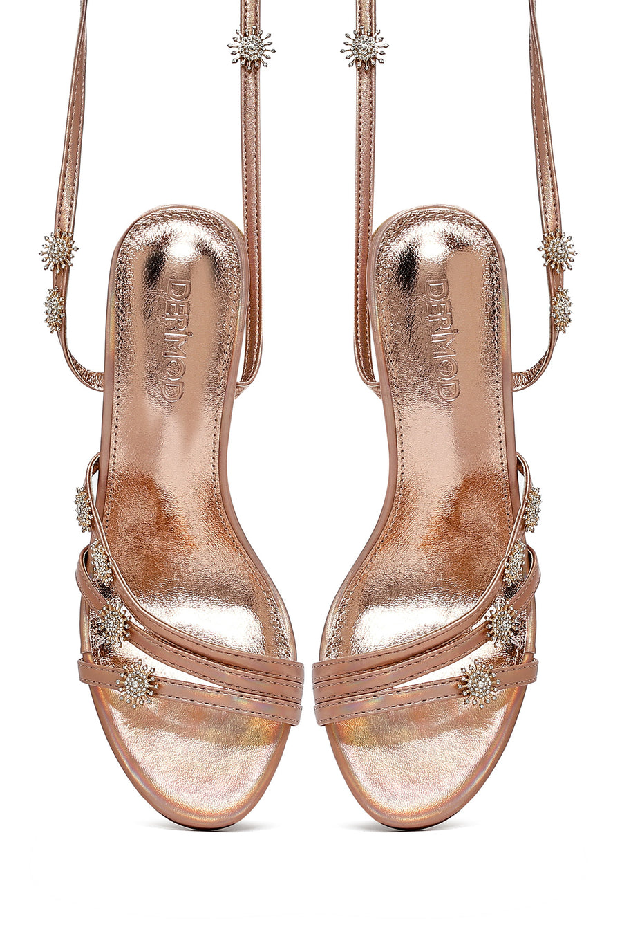 Women's Pink Ankle Buckle Stoned Metallic Thin Heel Sandals