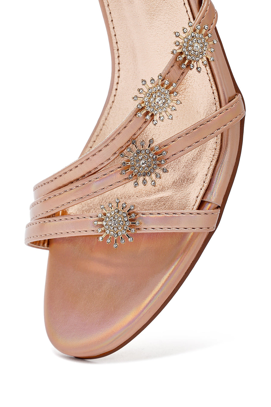 Women's Pink Ankle Buckle Stoned Metallic Thin Heel Sandals