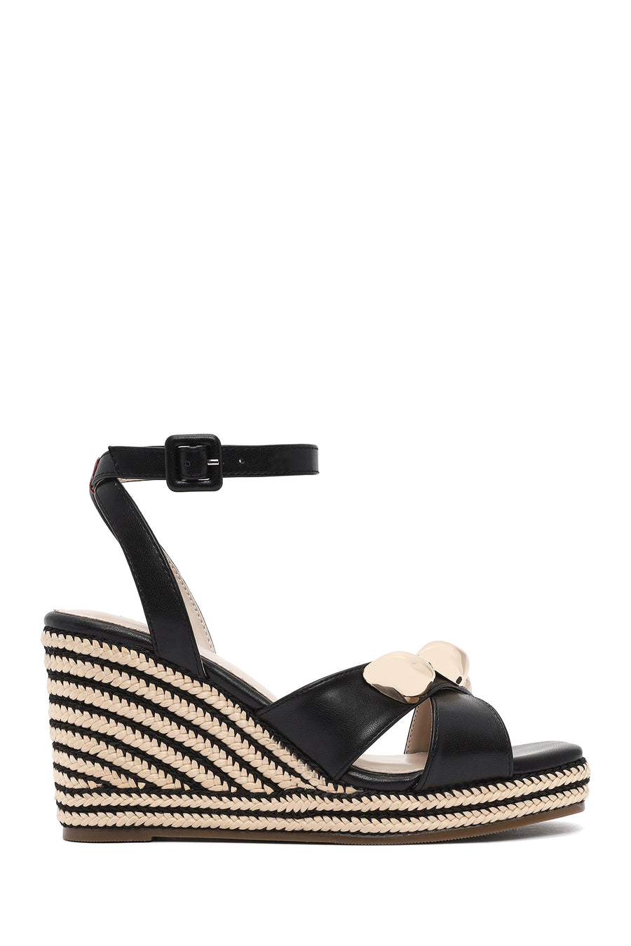 Women's Black Ankle Buckle Wedge Heel Espadrille Sandals