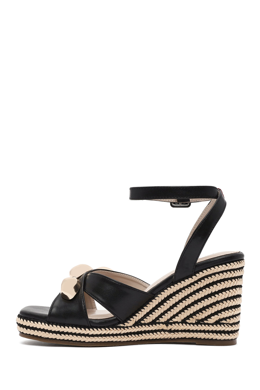Women's Black Ankle Buckle Wedge Heel Espadrille Sandals