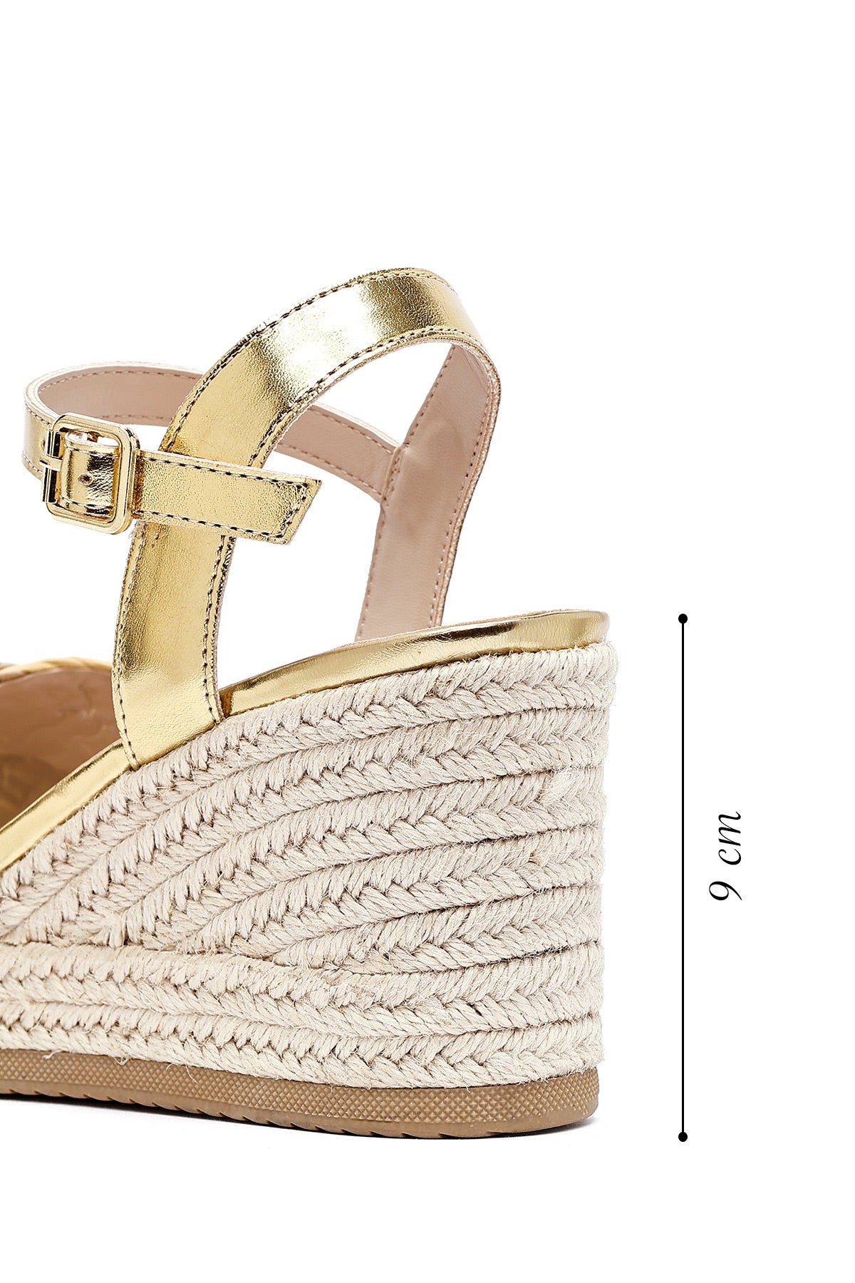 Kadın Altın Bilekten Tokalı Örgülü Dolgu Topuklu Espadril Sandalet
