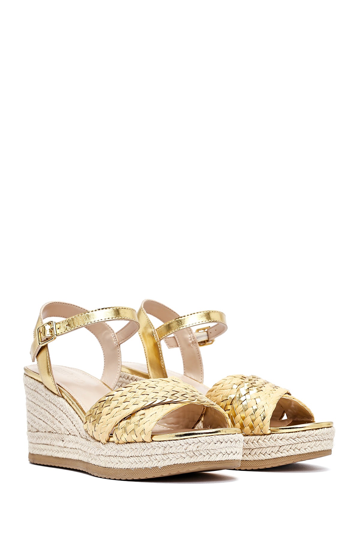 Kadın Altın Bilekten Tokalı Örgülü Dolgu Topuklu Espadril Sandalet