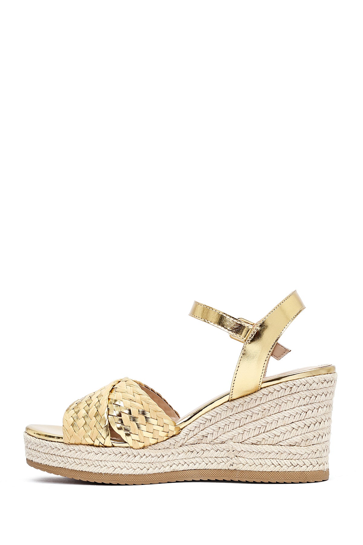Kadın Altın Bilekten Tokalı Örgülü Dolgu Topuklu Espadril Sandalet