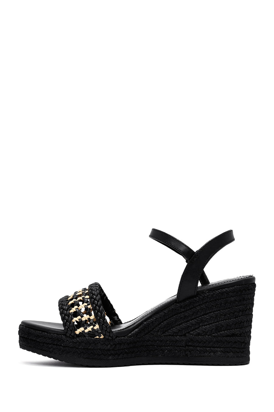 Women's Black Ankle Buckle Braided Wedge Heel Espadrille Sandals