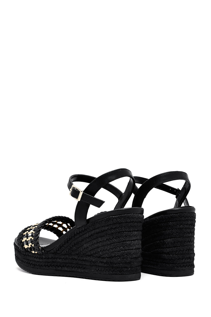 Women's Black Ankle Buckle Braided Wedge Heel Espadrille Sandals