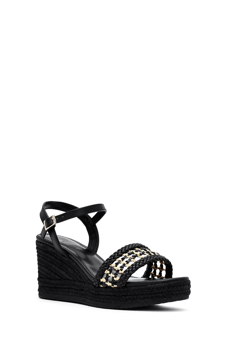 Women's Black Ankle Buckle Braided Wedge Heel Espadrille Sandals