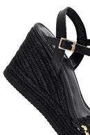 Kadın Siyah Bilekten Tokalı Örgülü Dolgu Topuklu Espadril Sandalet | Derimod