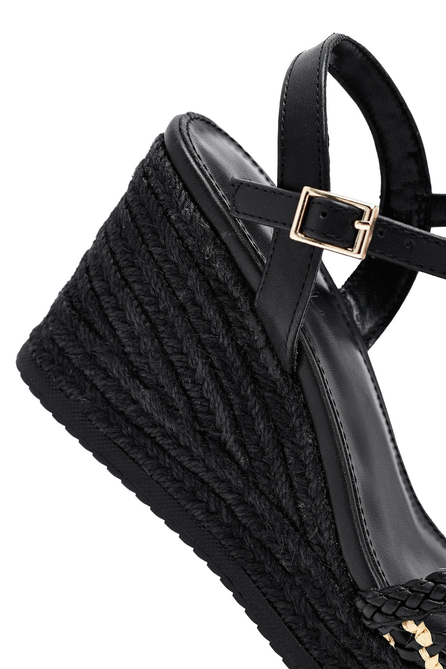 Women's Black Ankle Buckle Braided Wedge Heel Espadrille Sandals