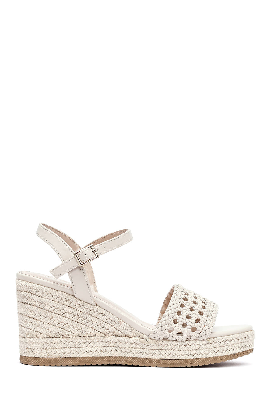 Women's Cream Ankle Buckle Braided Wedge Heel Espadrille Sandals 25SFE482729 | Derimod