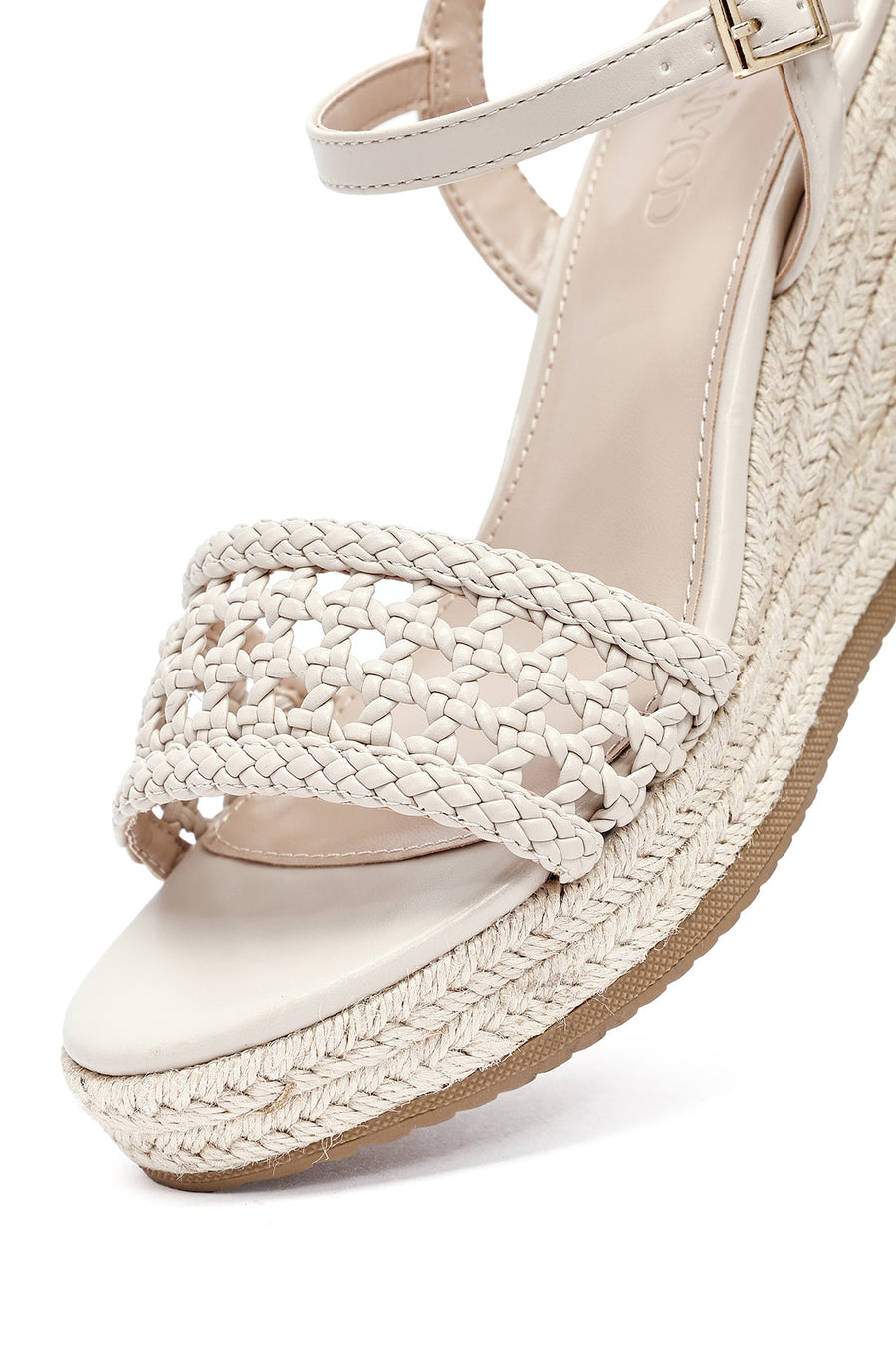 Women's Cream Ankle Buckle Braided Wedge Heel Espadrille Sandals