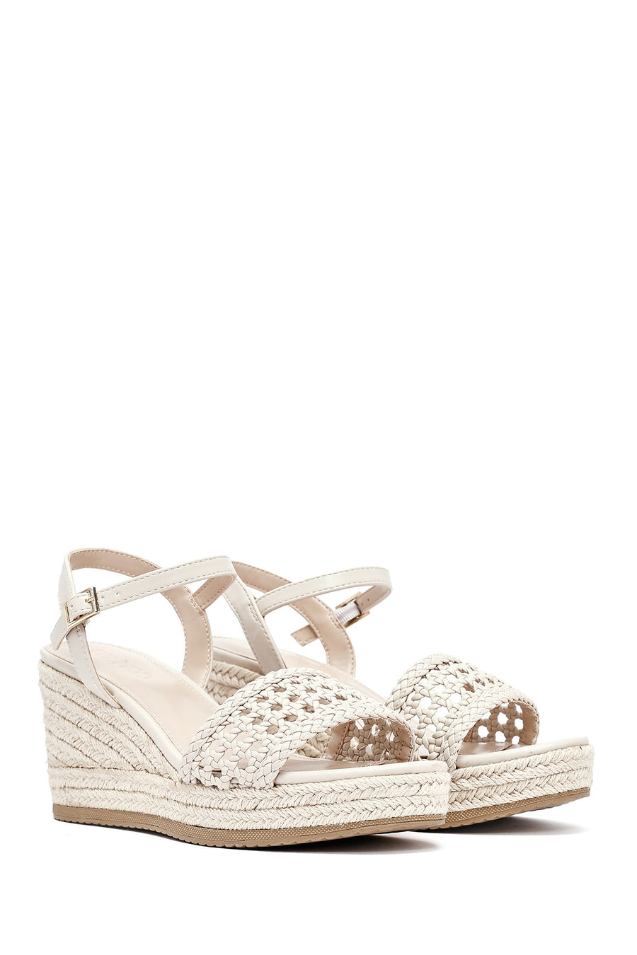 Women's Cream Ankle Buckle Braided Wedge Heel Espadrille Sandals