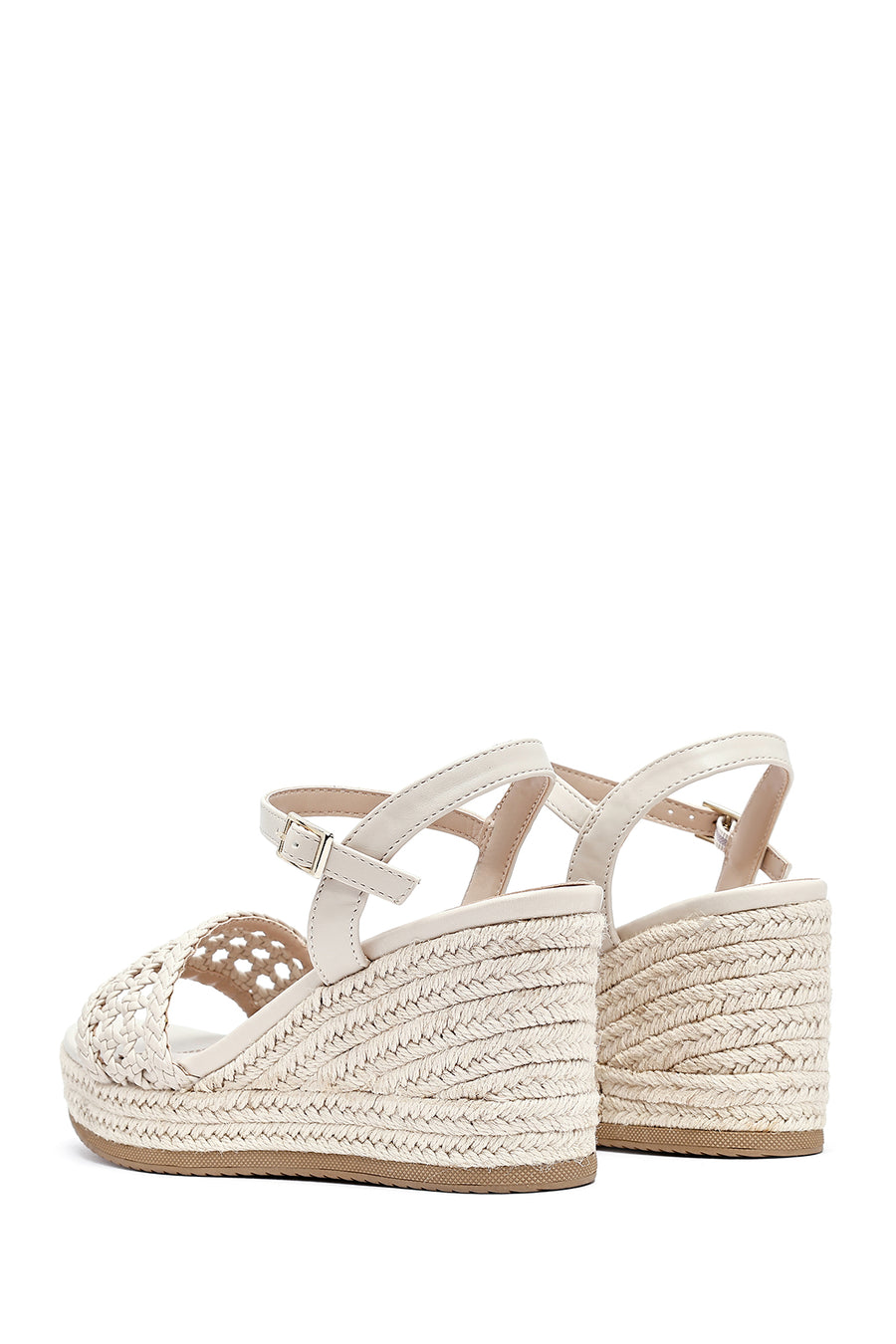 Women's Cream Ankle Buckle Braided Wedge Heel Espadrille Sandals