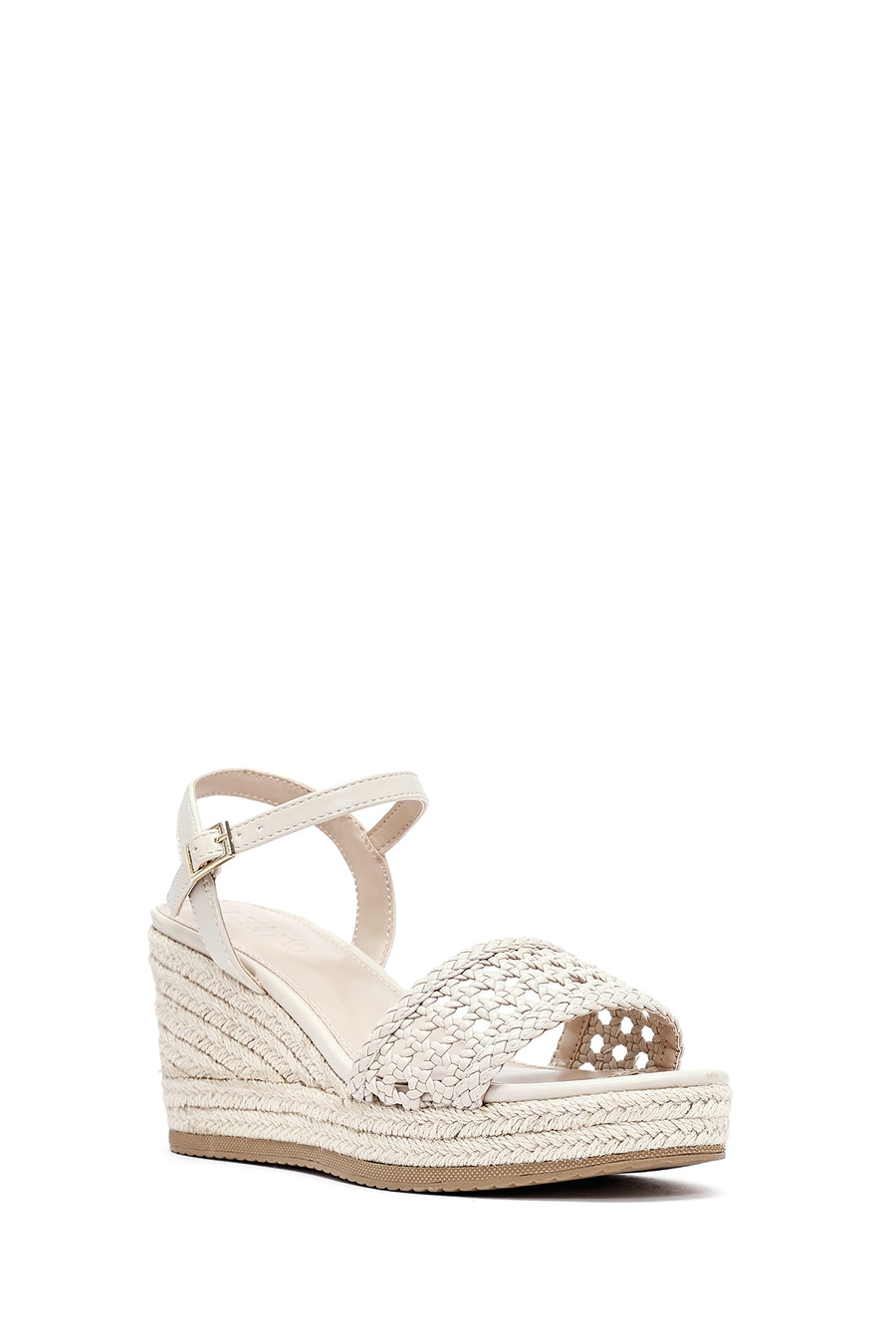 Women's Cream Ankle Buckle Braided Wedge Heel Espadrille Sandals