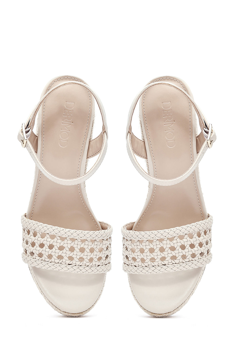 Women's Cream Ankle Buckle Braided Wedge Heel Espadrille Sandals