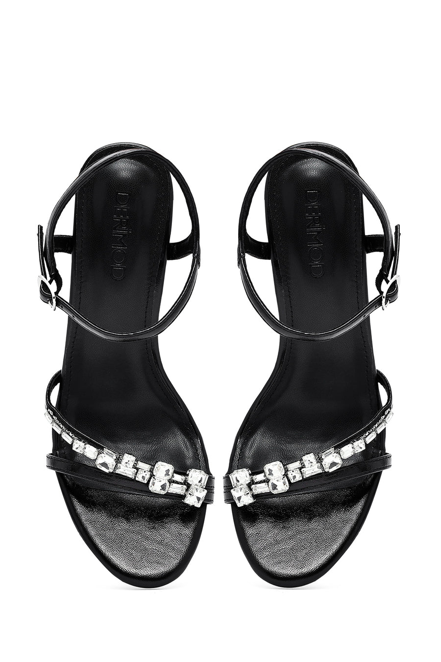 Women's Black Ankle Buckle Stoned Thin Heel Sandals