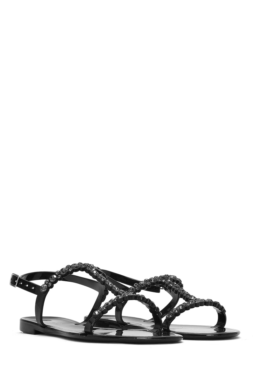 Women's Black Jelly Back Buckle Stoned Sandals