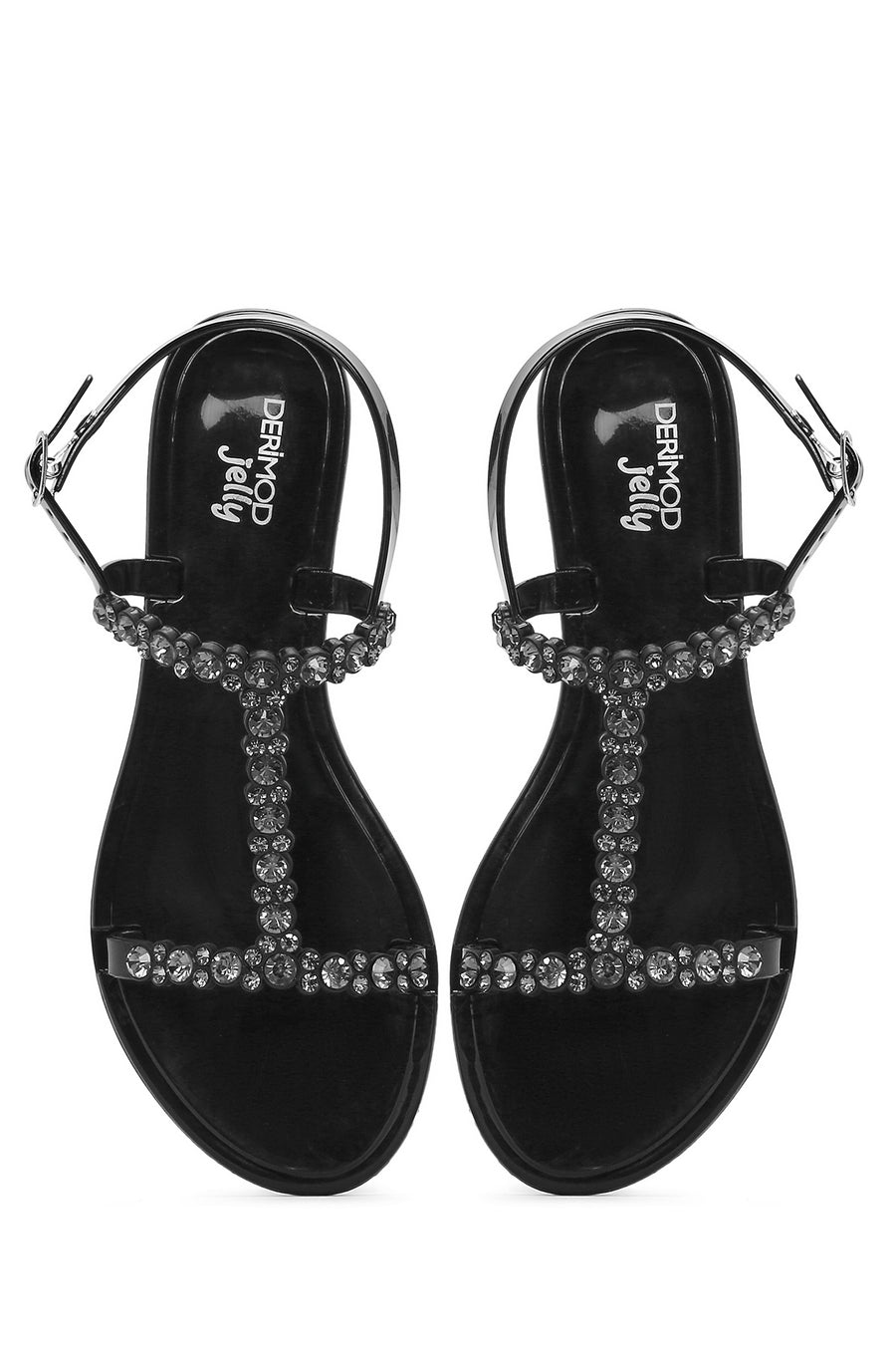 Women's Black Jelly Back Buckle Stoned Sandals