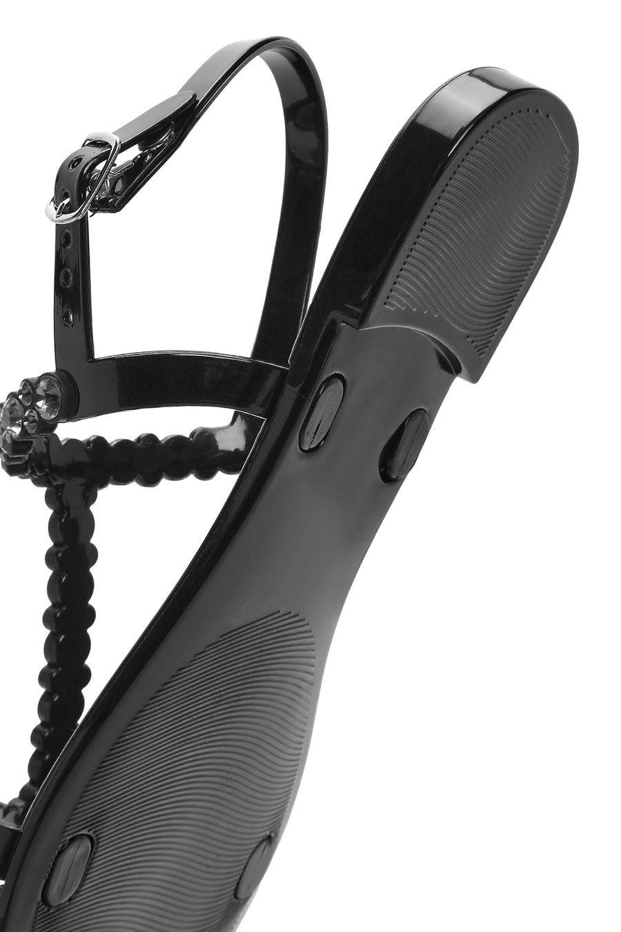 Women's Black Jelly Back Buckle Stoned Sandals